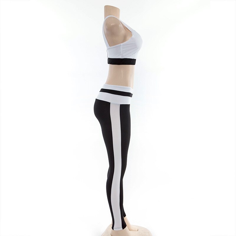 Patchwork Fitness Yoga Sportswear Set For Women Crop Top Leggings Pants Suit Gym Fitness Jogging Slim Tracksuit Outfits Clothing-3