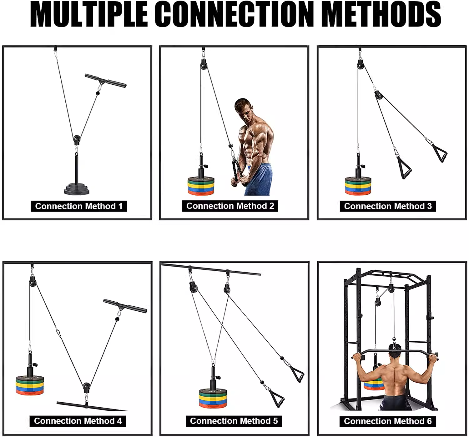 Home Fitness Pulley System – (Single Pulley with Long Pull Rod & 3-Head Rope)-4