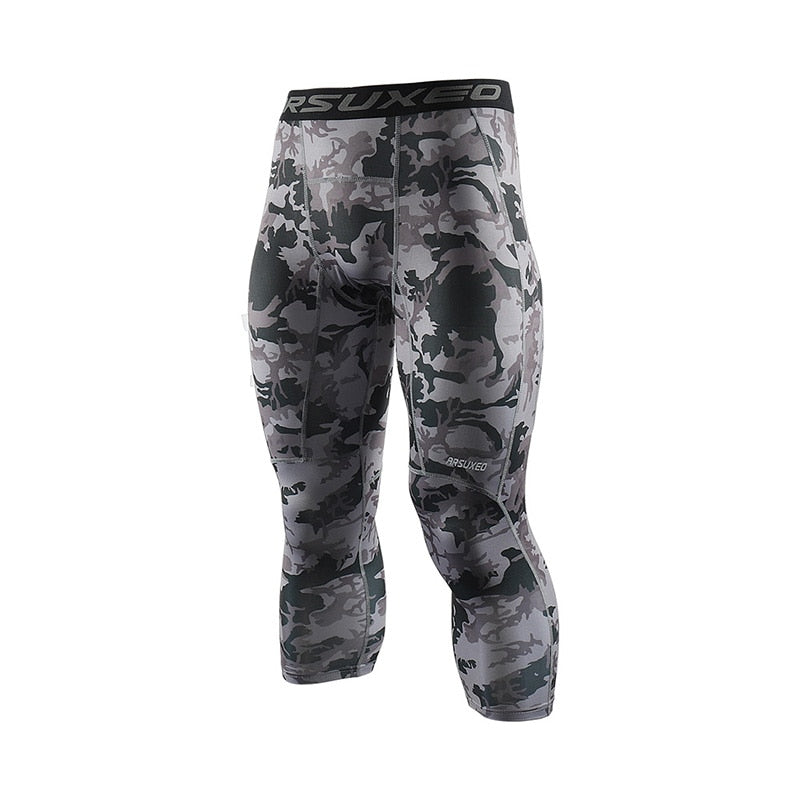 Men 3/4 Sports Compression Tights Base Layer Running Tights GYM Fitness Active Training Exercise Pants-3