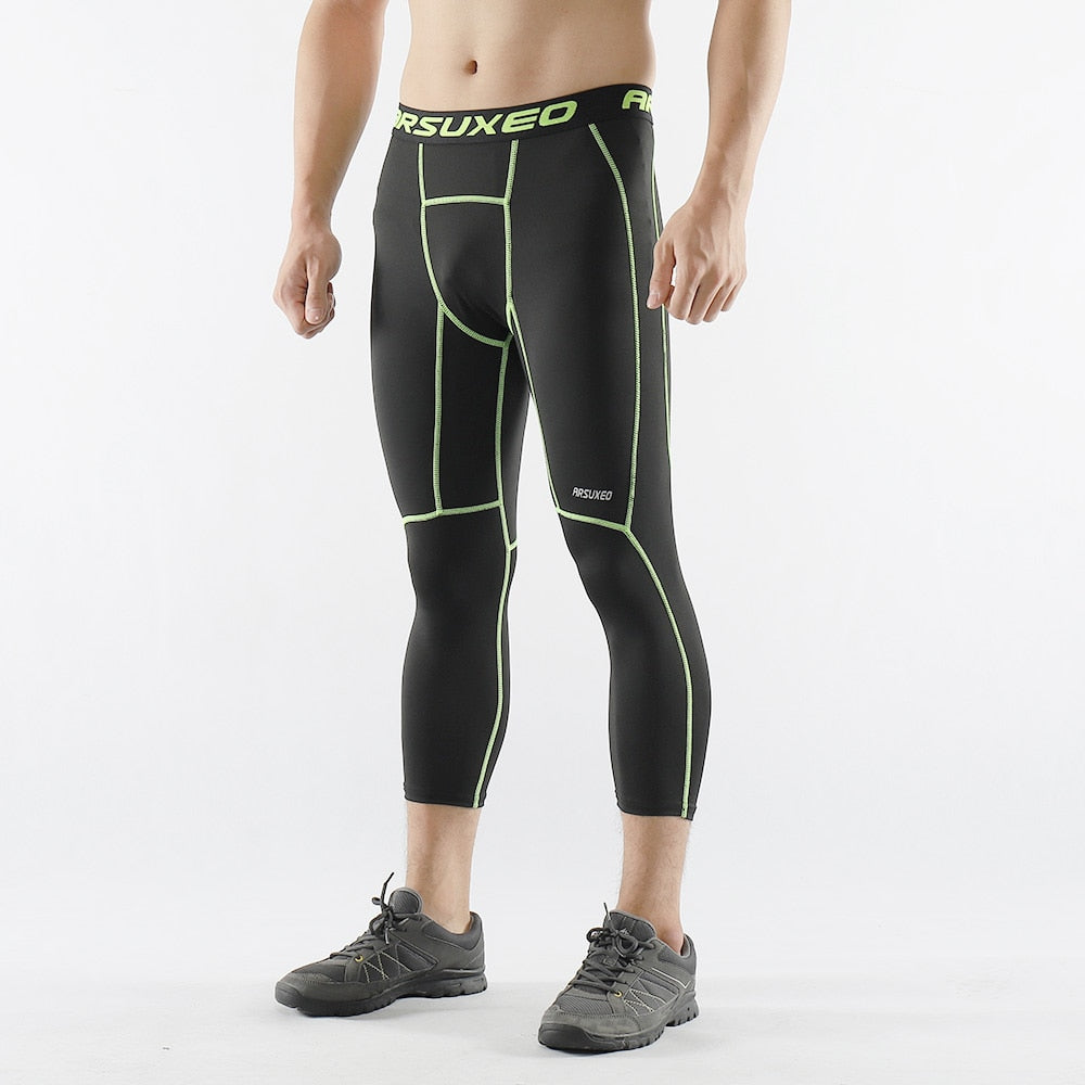Men 3/4 Sports Compression Tights Base Layer Running Tights GYM Fitness Active Training Exercise Pants-1