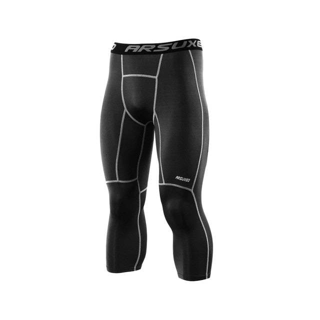 Men 3/4 Sports Compression Tights Base Layer Running Tights GYM Fitness Active Training Exercise Pants-6
