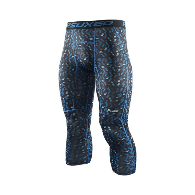 Men 3/4 Sports Compression Tights Base Layer Running Tights GYM Fitness Active Training Exercise Pants-7