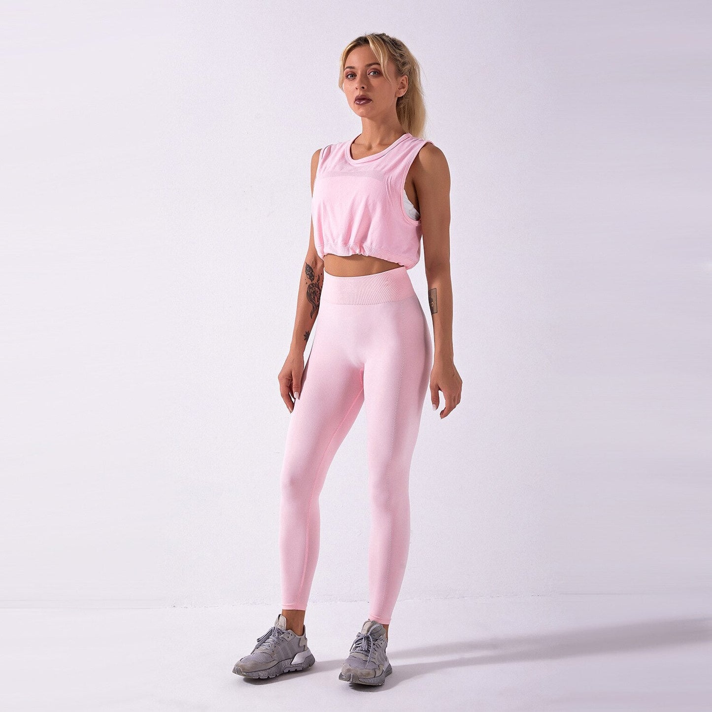 Sportswear Yoga Set Women GYM Clothing Solid Loose Tank Drawstring Crop Top Leggings Set Workout Running Fitness Tracksuit-3